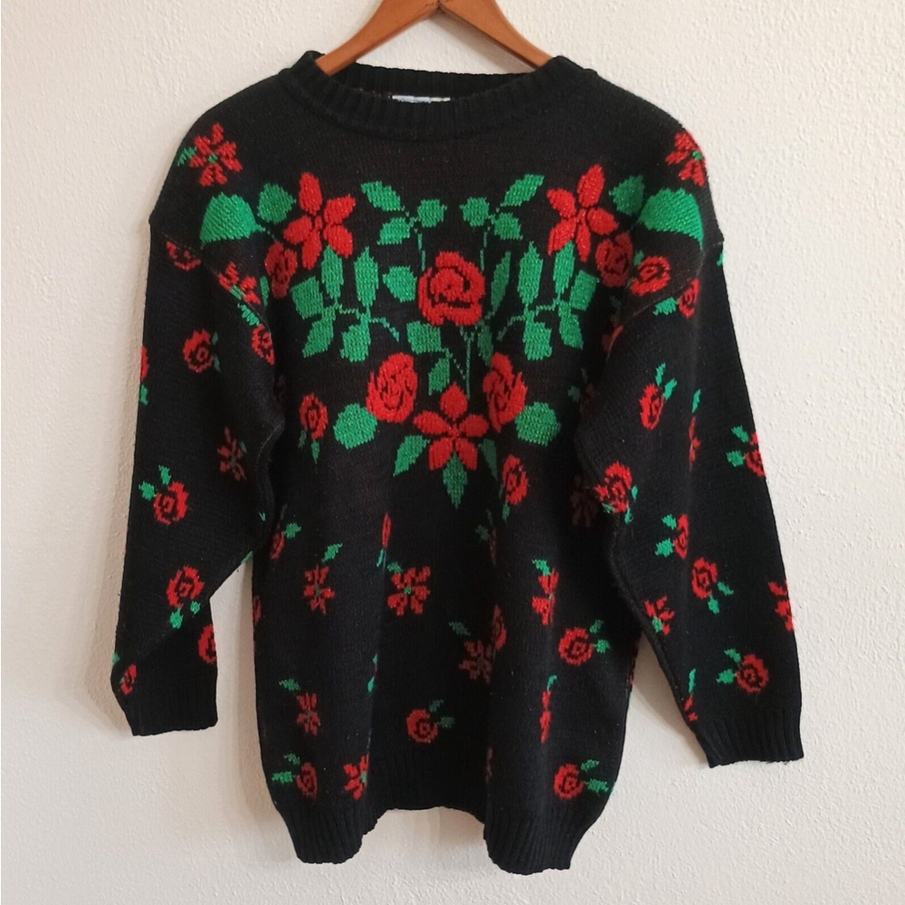 Vintage 80s GFC Sweater Red Rose Floral Sparkle USA Acrylic Christmas Size M?